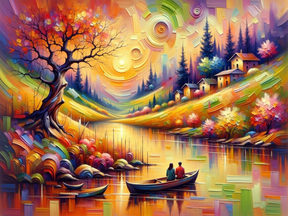 Vibrant Autumn Landscape with River and Figures in Boat