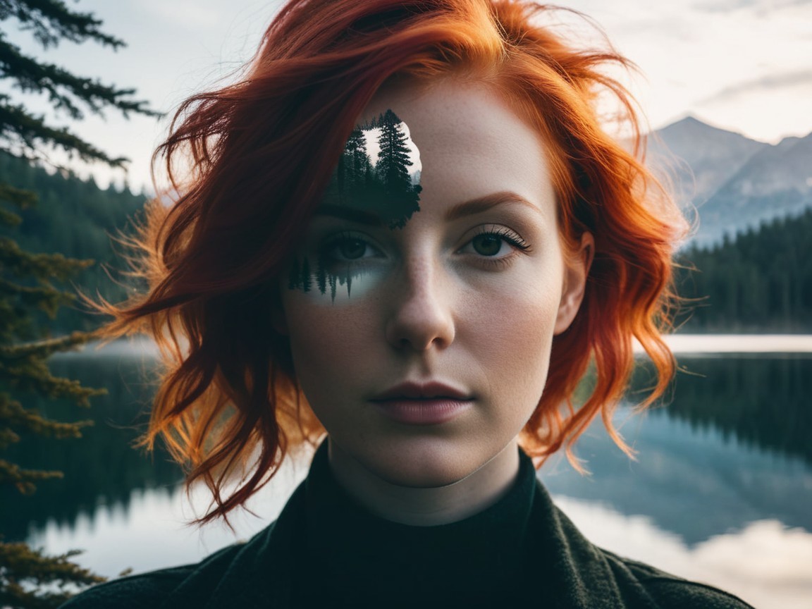 Portrait of a Woman with Red Hair by a Serene Lake