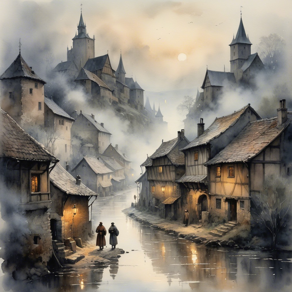 Misty Village Landscape by a River at Dusk
