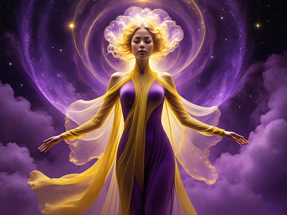 Celestial Figure in Purple Gown with Halo and Stars