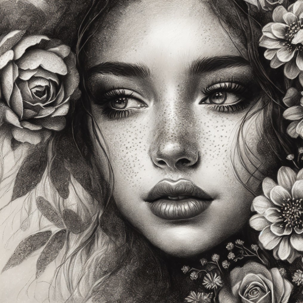 Monochrome Portrait of a Young Woman with Flowers