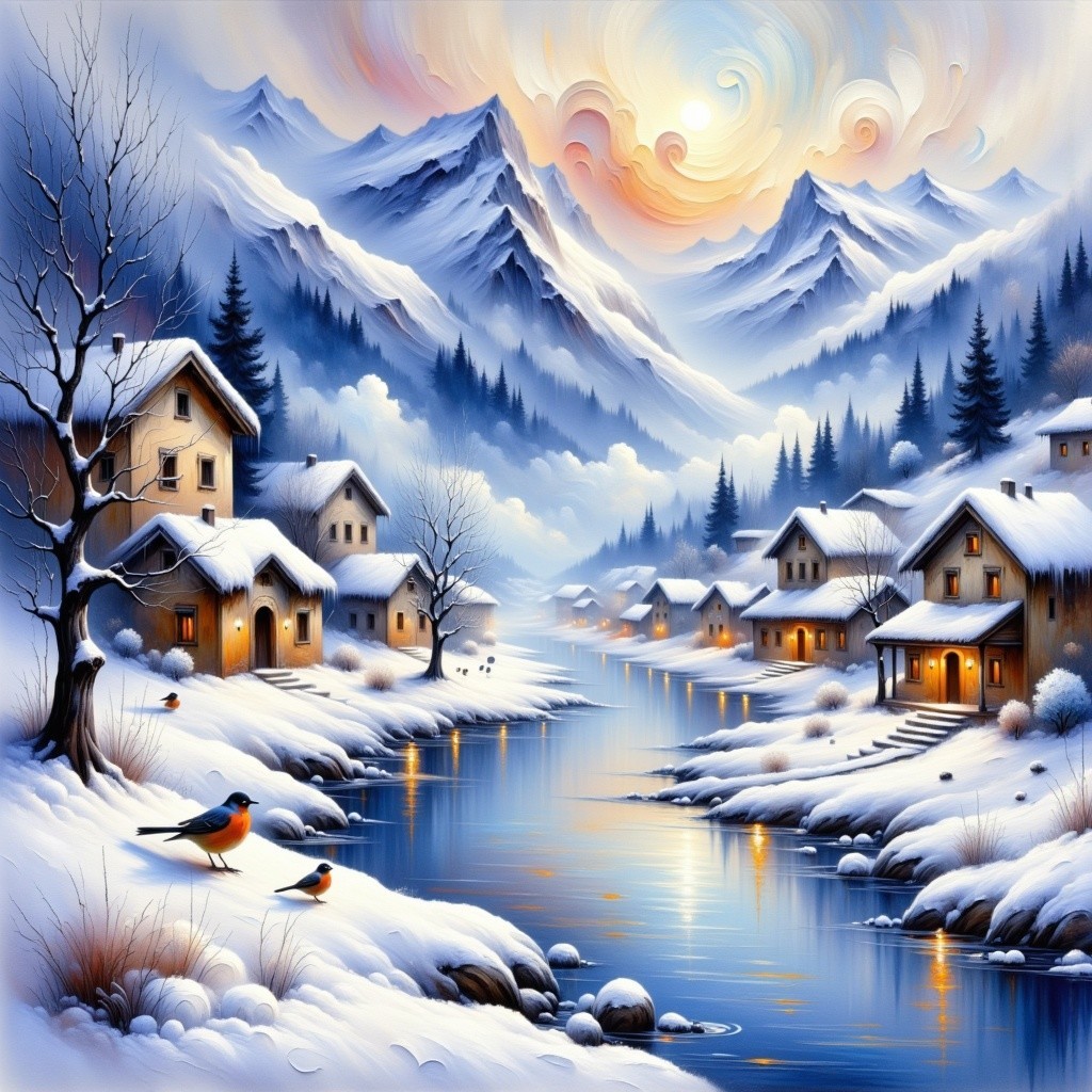 Winter Village Landscape with Snow-Covered Mountains