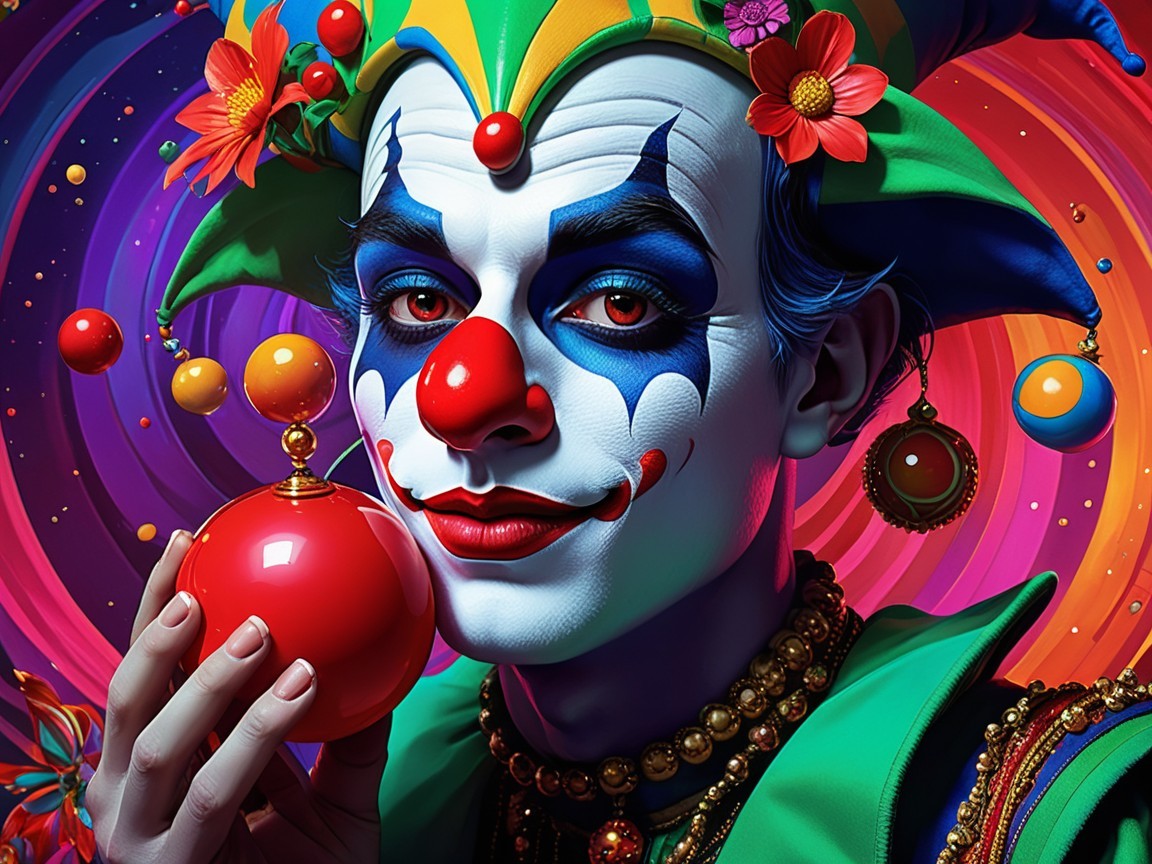 Vibrant Clown with Colorful Makeup and Playful Expression