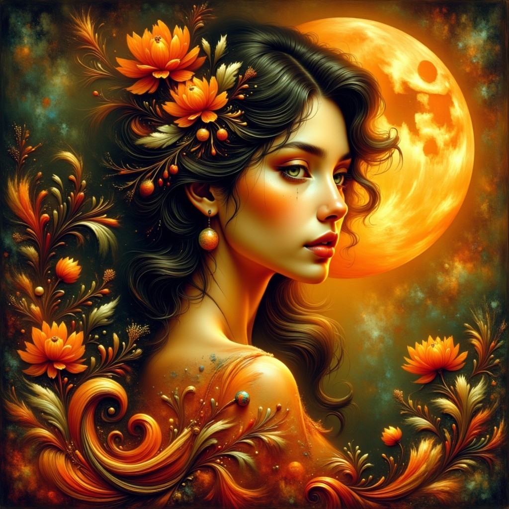 Portrait of a woman with orange flowers and full moon