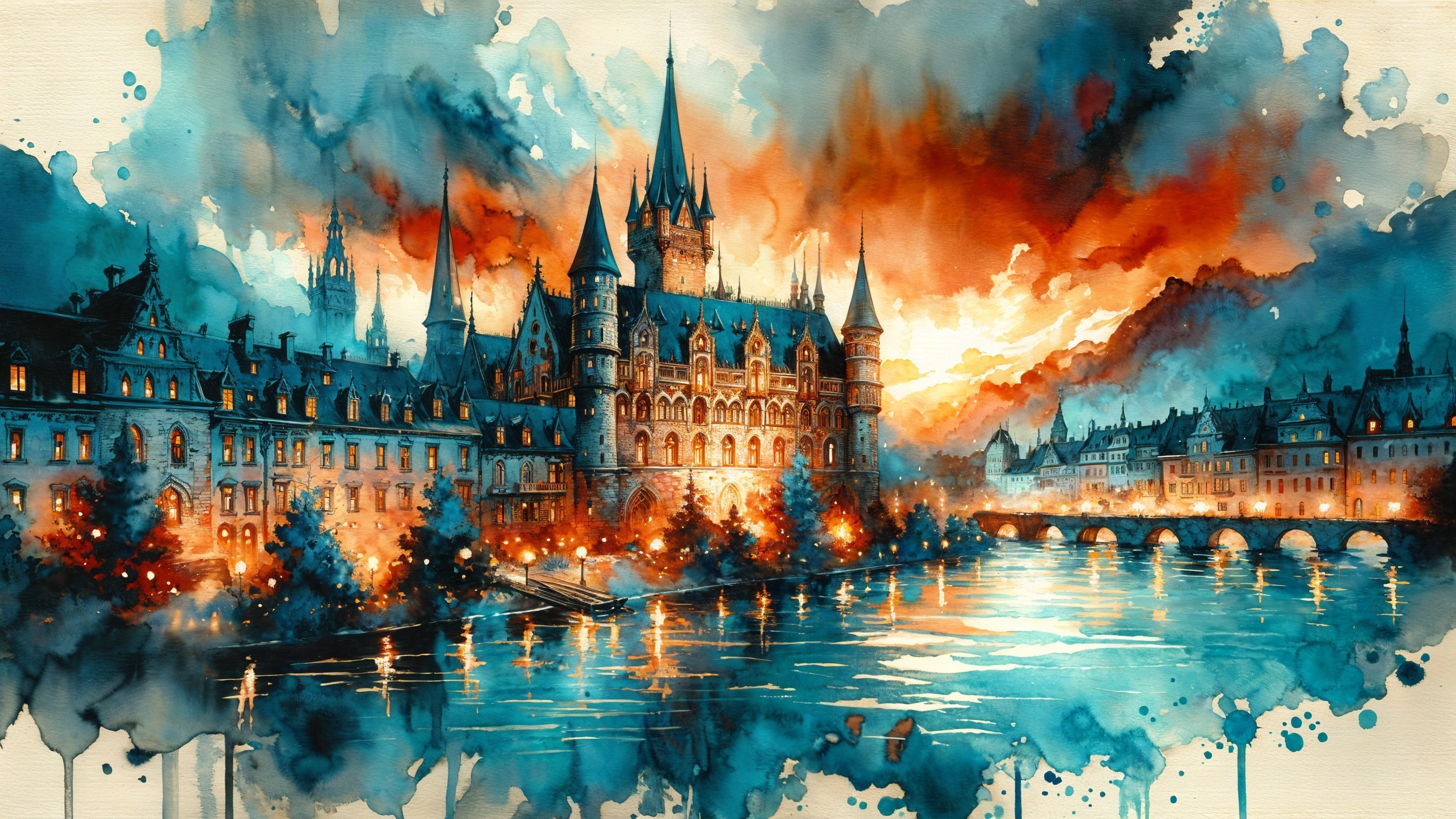 Majestic Castle by Serene River in Watercolor Scene