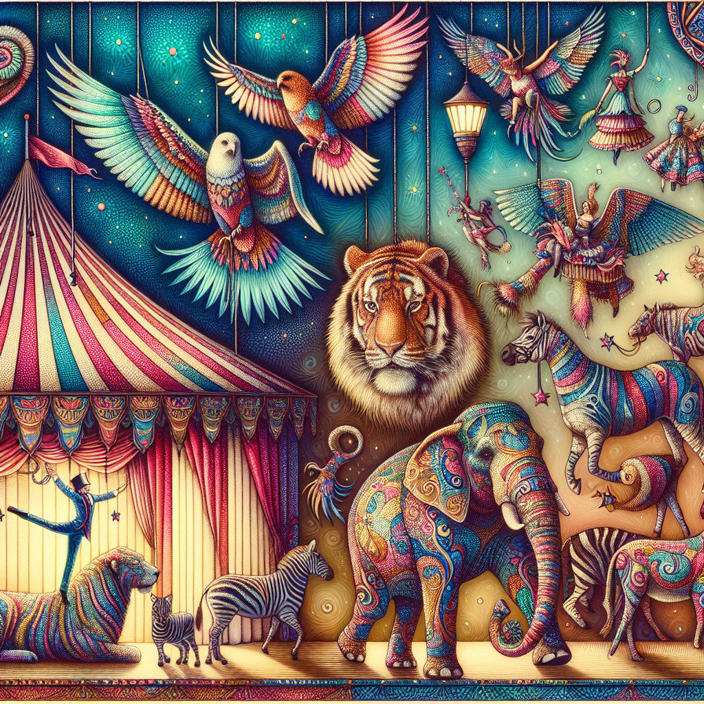 Vibrant Circus Scene with Animals and Acrobats
