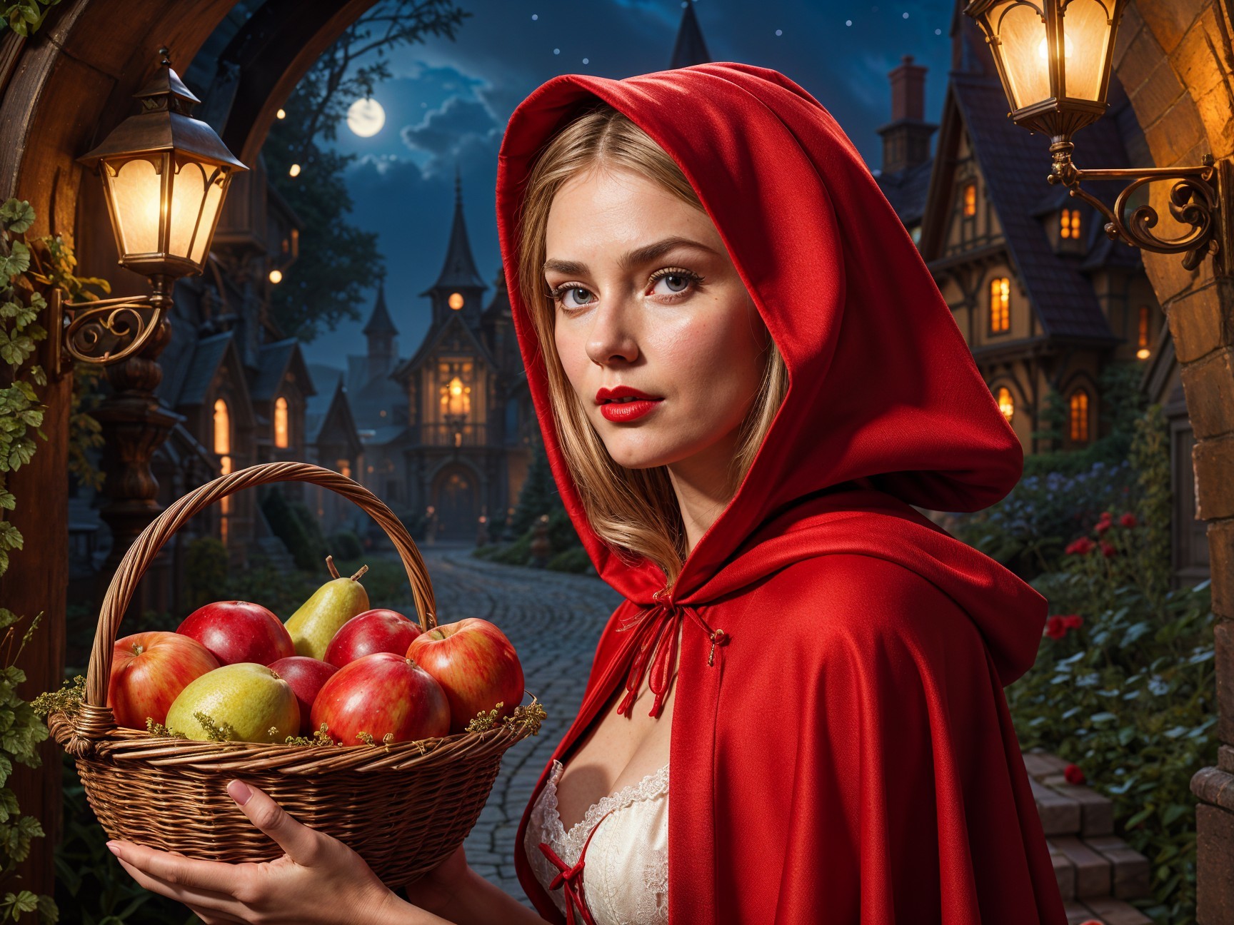 Woman in Red Cloak with Apples in Enchanted Village