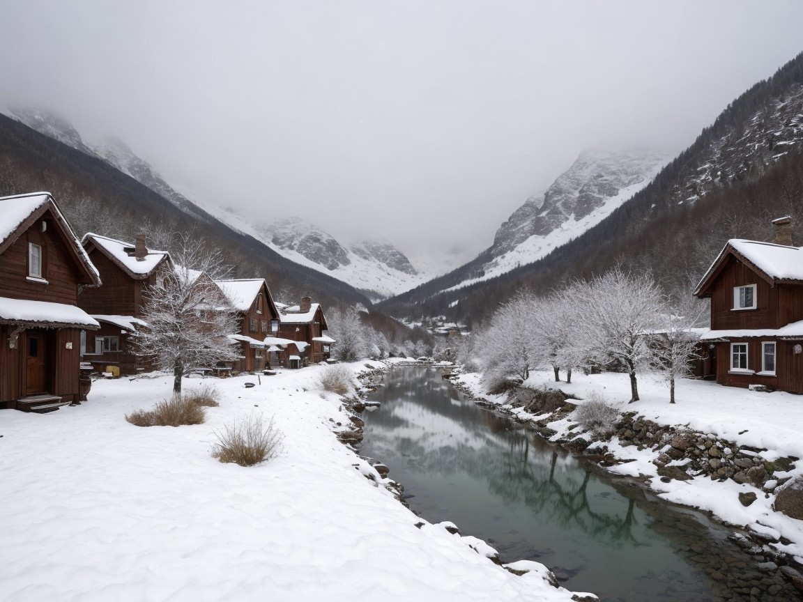 Winter Landscape with Chalets and River Scene