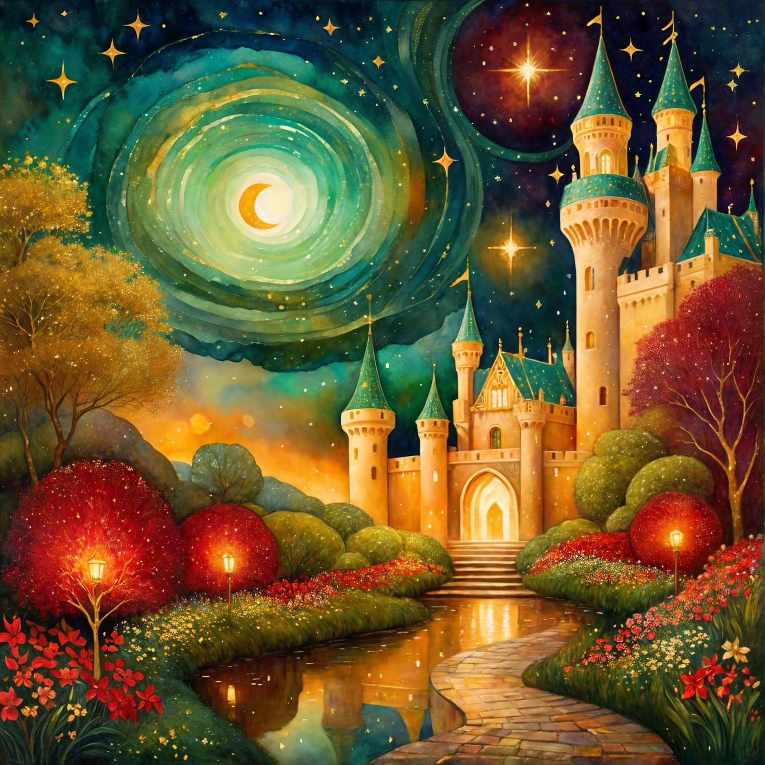 Whimsical Castle Under Starry Sky with Colorful Trees