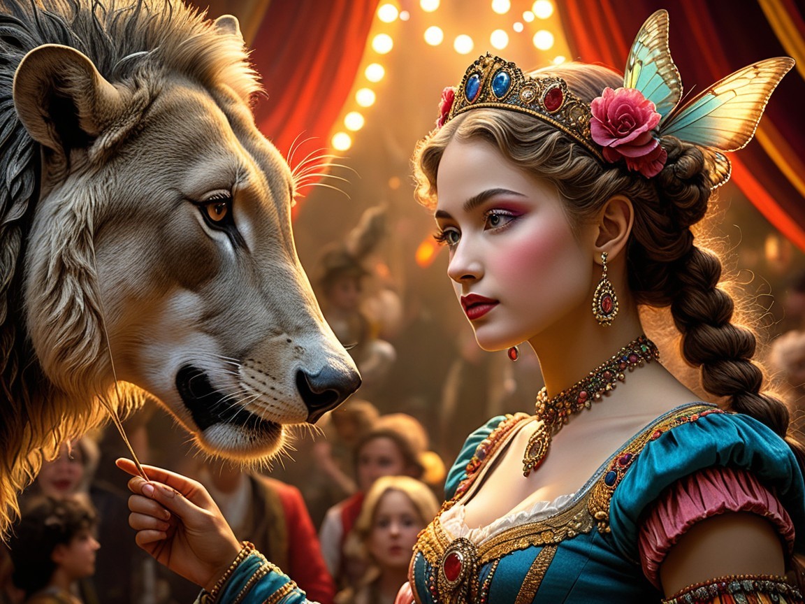 Circus Scene with Young Woman and Majestic Lion