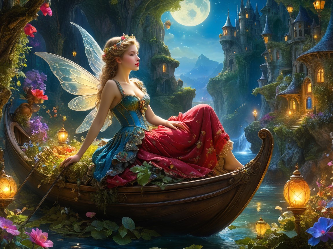 Serene fairy in a carved boat amidst vibrant nature