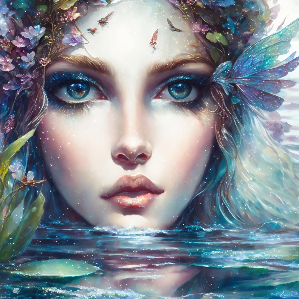 Surreal Portrait of Woman in Water with Flowers