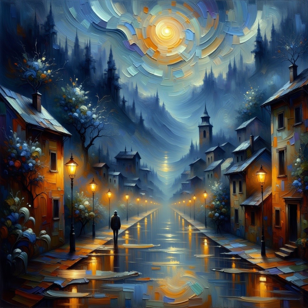 Twilight Street Scene with Quaint Houses and Trees