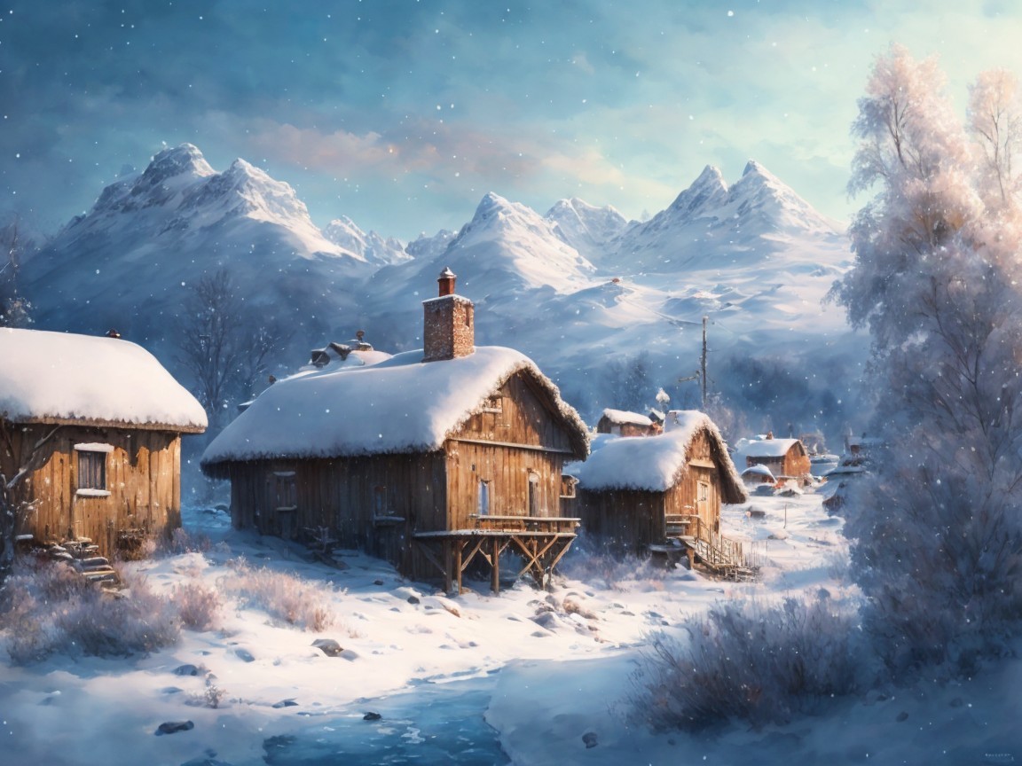 Winter Landscape with Cabins and Snowy Mountains