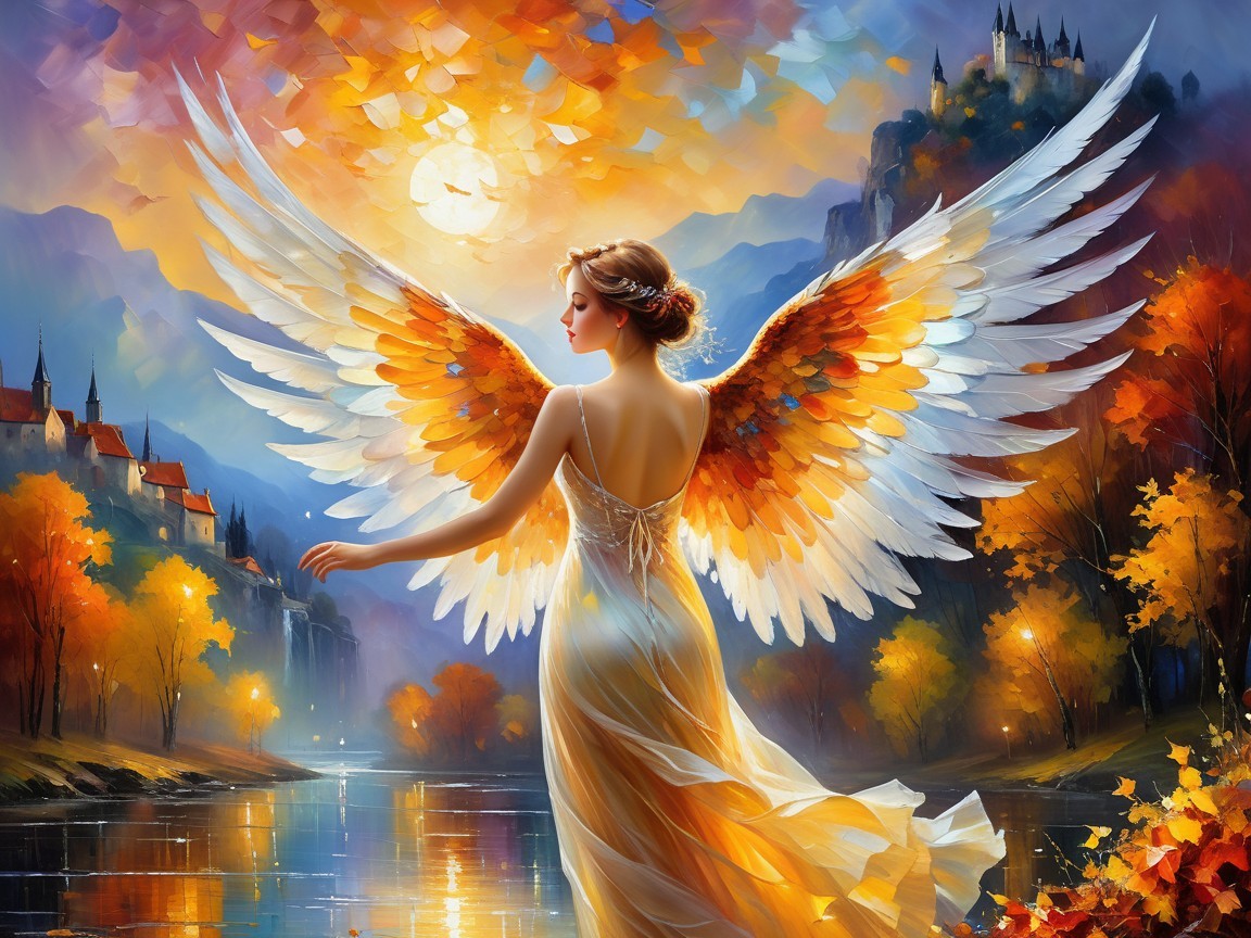 Serene figure by a river with vibrant sunset backdrop
