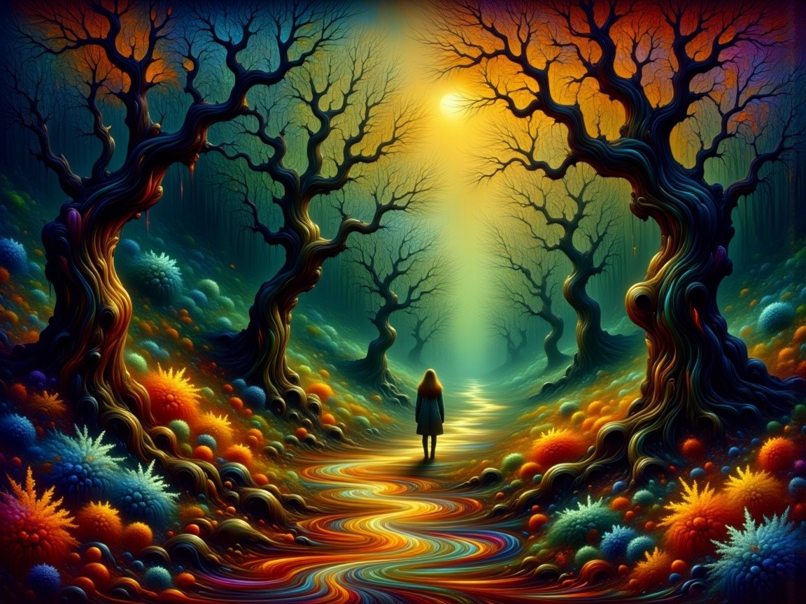 Surreal Landscape with Colorful Trees and Pathway