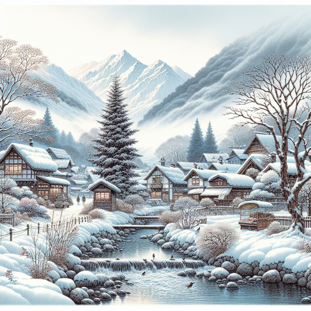 Serene Winter Village Scene with Snowy Landscape