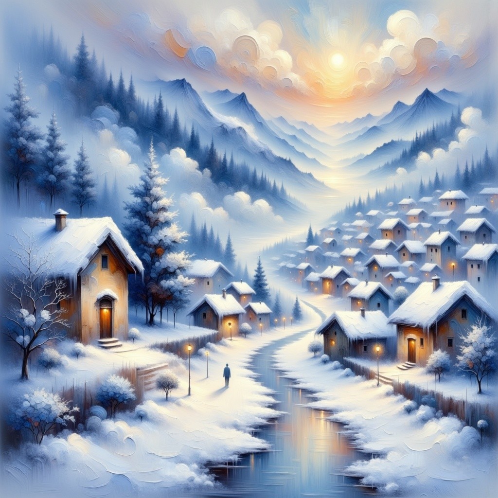Winter Landscape with Snowy Houses and Mountains
