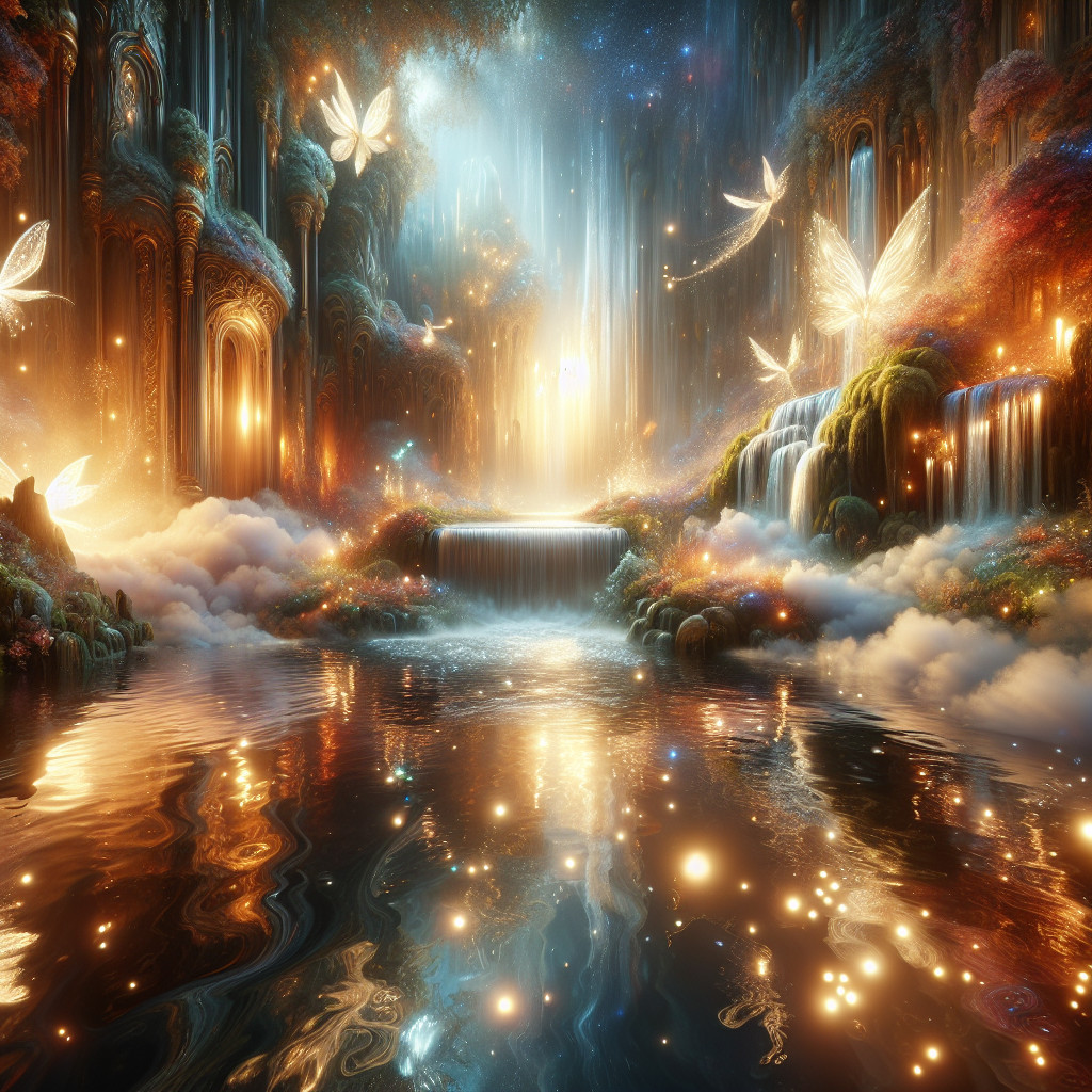 Fantasy Landscape with Waterfalls and Ethereal Elements