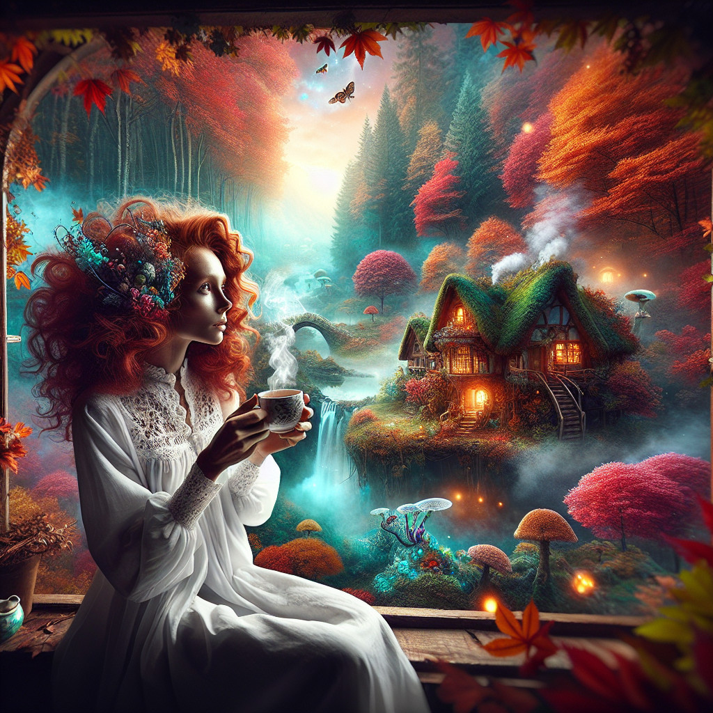 Serene Autumn Scene with Woman by Window and Cottage