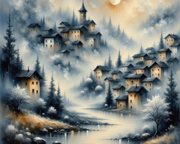 Misty Village Landscape with Rolling Hills and River