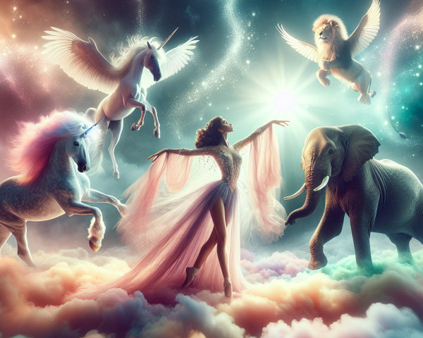 Dreamy Landscape with Magical Creatures and Ethereal Figure