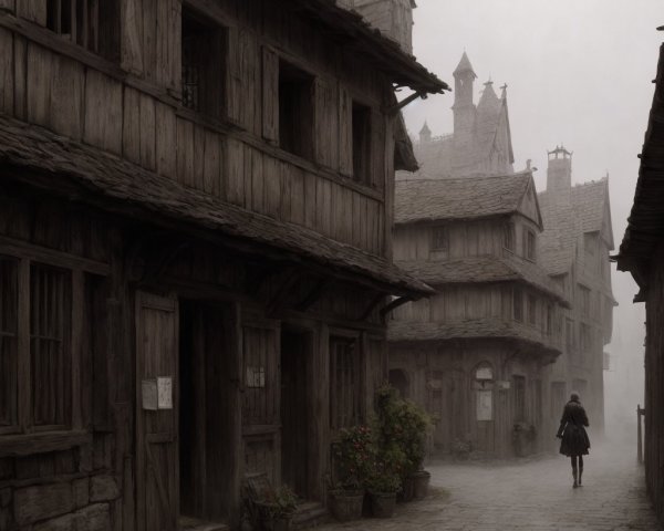 Misty Medieval Village Street Scene with Fog and Plants