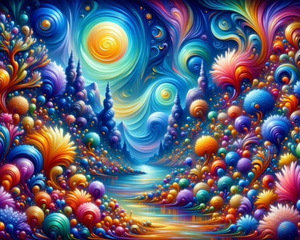 Vibrant Abstract Landscape with Swirling Colors and Forms