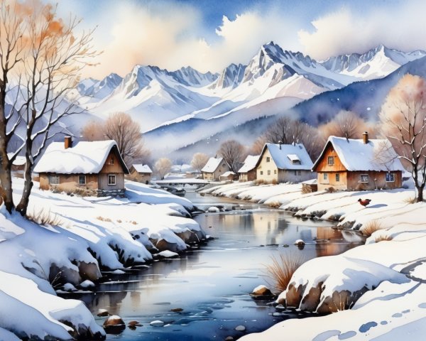 Serene Winter Landscape with Cottages and Mountains