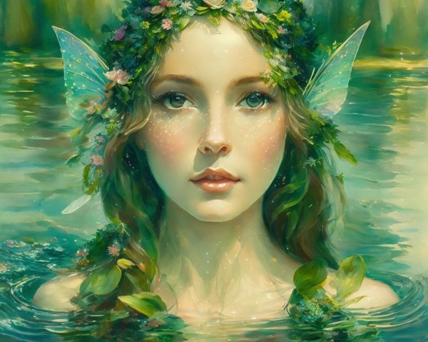 Ethereal Figure in Tranquil Waters with Butterfly Wings
