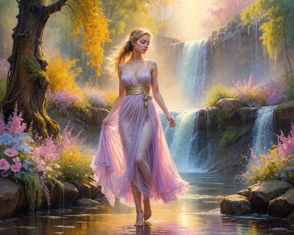 Enchanting Forest Scene with Waterfalls and Flowers