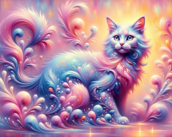 Colorful Illustration of a Fluffy Cat with Patterns