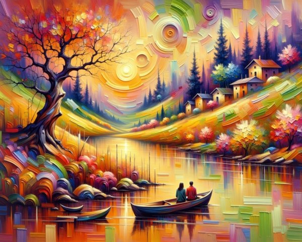 Vibrant Autumn Landscape with River and Figures in Boat
