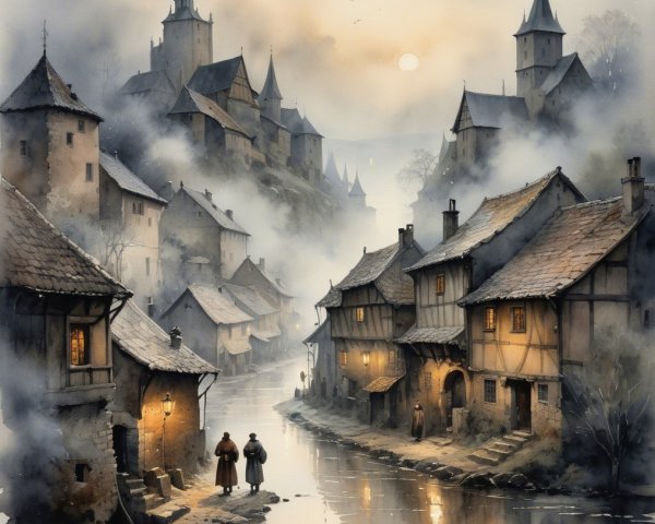 Misty Village Landscape by a River at Dusk