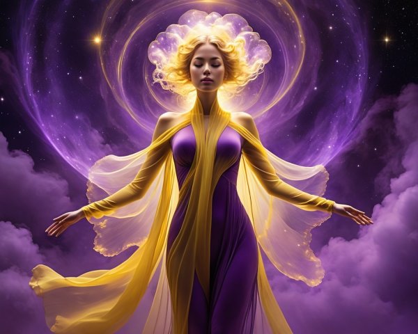 Celestial Figure in Purple Gown with Halo and Stars