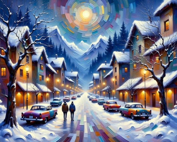 Snowy Street with Charming Houses and Winter Landscape