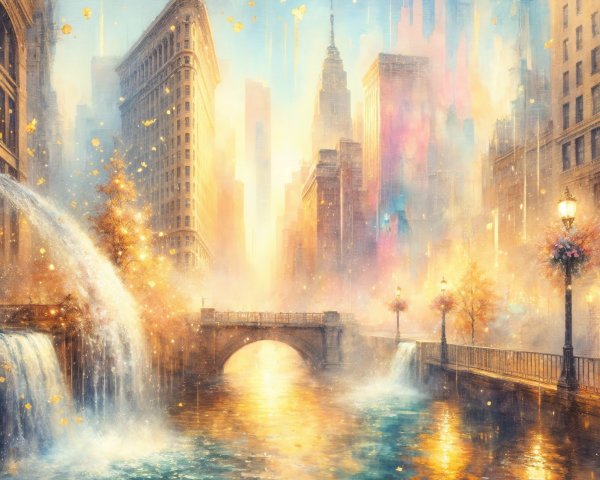 Dreamy Urban Landscape with River and Waterfalls
