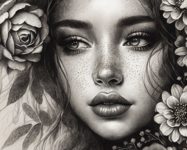 Monochrome Portrait of a Young Woman with Flowers