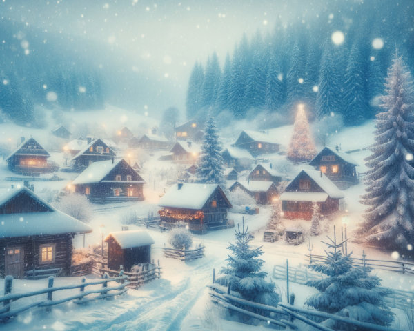 Winter Village Scene with Snow-Covered Cottages