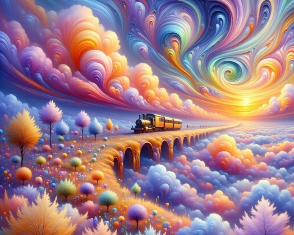 Vibrant Dreamlike Landscape with Train and Colorful Bridge