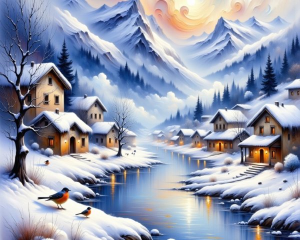 Winter Village Landscape with Snow-Covered Mountains