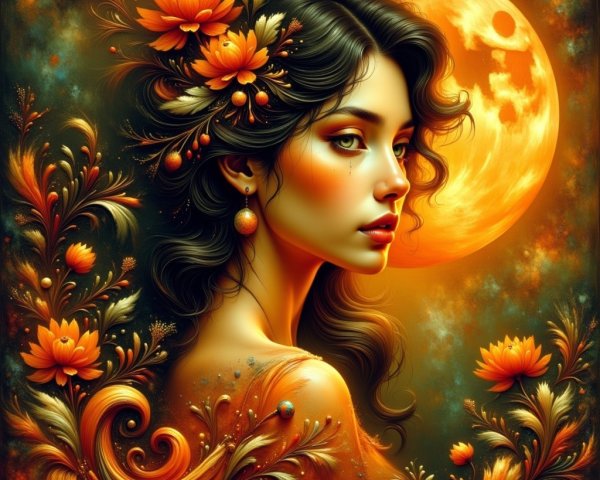 Portrait of a woman with orange flowers and full moon