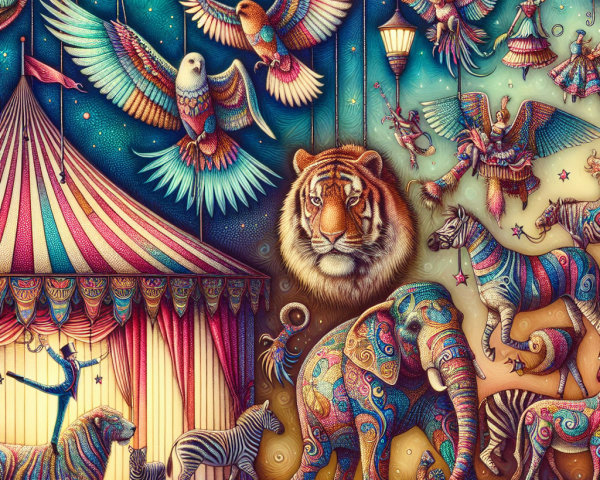 Vibrant Circus Scene with Animals and Acrobats