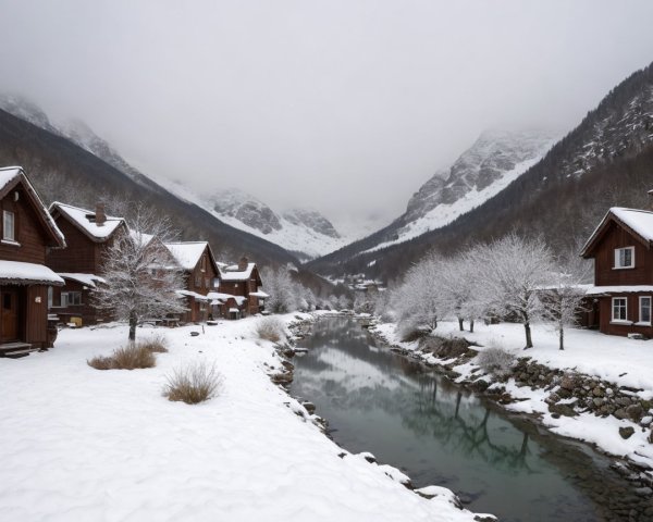 Winter Landscape with Chalets and River Scene