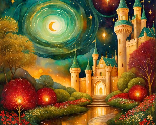 Whimsical Castle Under Starry Sky with Colorful Trees