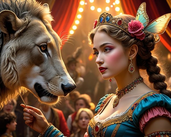 Circus Scene with Young Woman and Majestic Lion