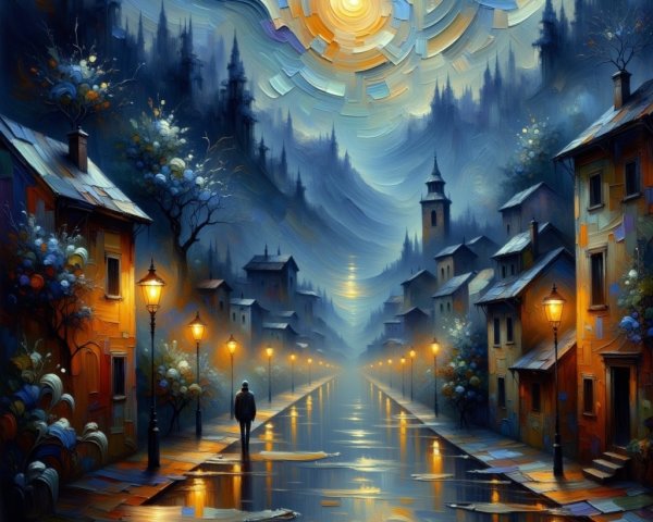 Twilight Street Scene with Quaint Houses and Trees