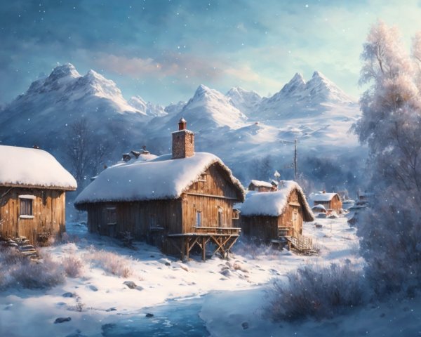 Winter Landscape with Cabins and Snowy Mountains