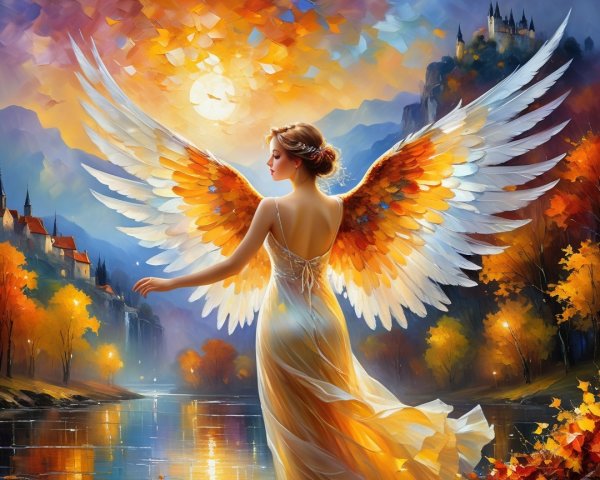 Serene figure by a river with vibrant sunset backdrop