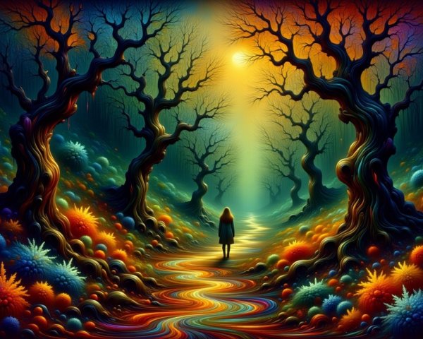 Surreal Landscape with Colorful Trees and Pathway